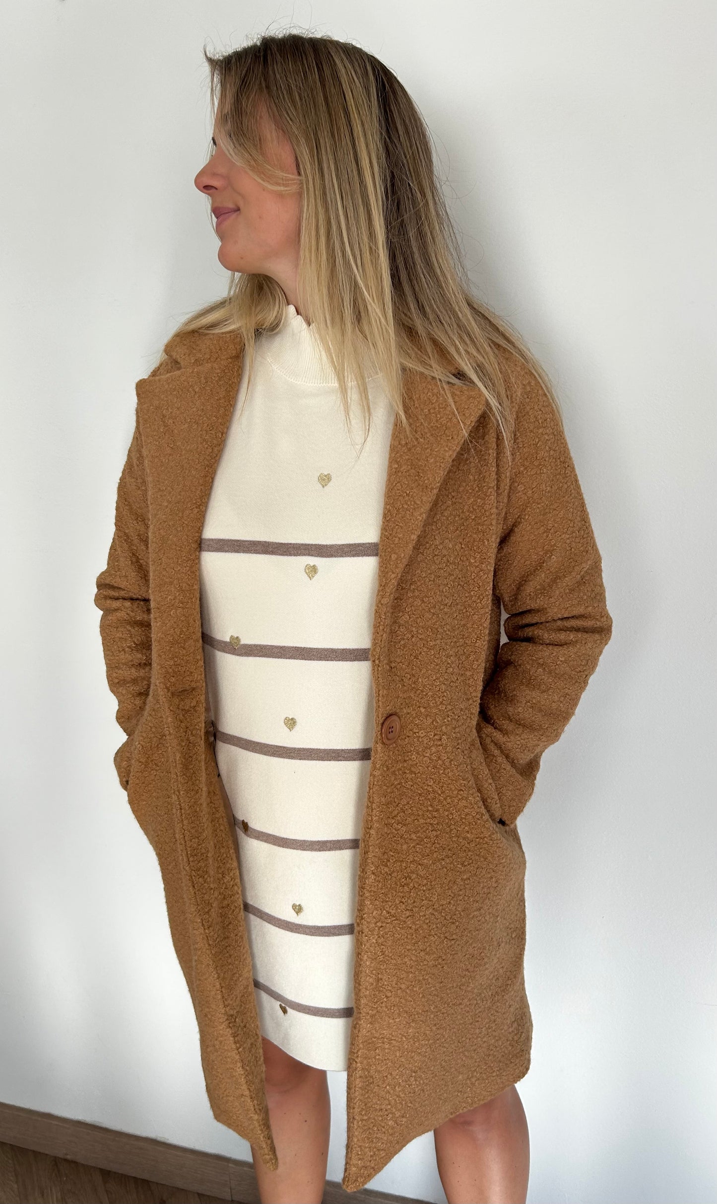 Long camel curled coat