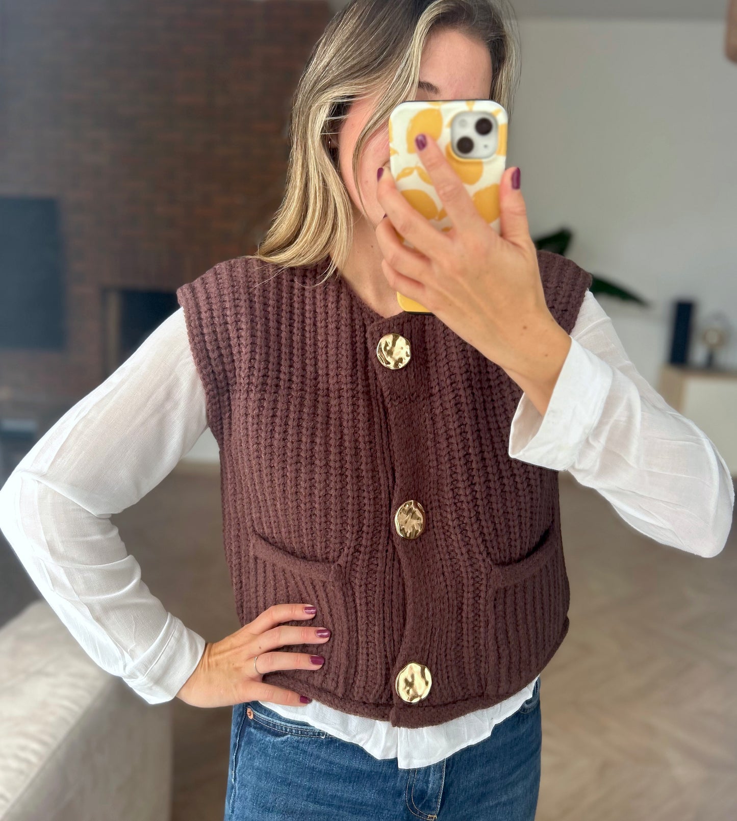 Gilet boutons dorés Odessa marron